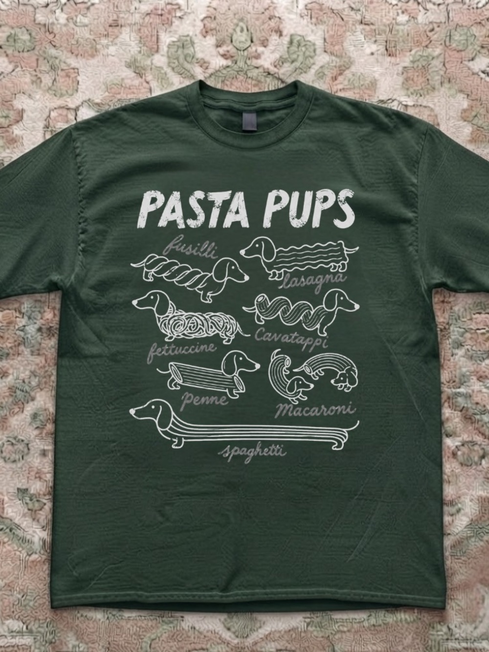 Pasta Pups Dachshunds Spaghetti Fusilli Lasagna Penne Vintage Dark Green T-Shirt